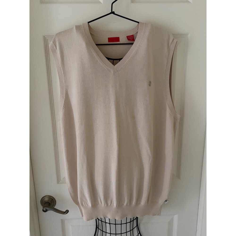 IZOD Sweater Vest Mens XL Cream 100% Cotton V Neck Embroidered Logo Preppy Golf